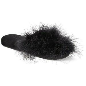 INC International Concepts Deep Black Wedge Faux-Marabou Slippers Small 5-6 New